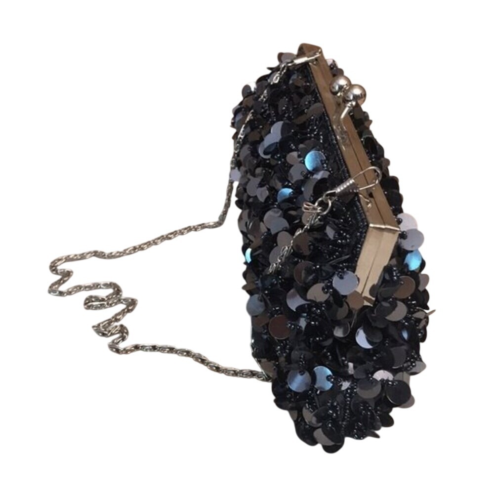 Vintage Y2K black sequin beaded clutch cocktail purse evening bag with chain - Picture 5 of 11